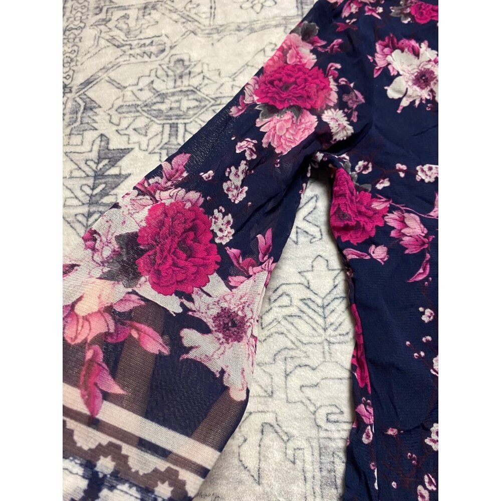 Charter Club Womens Floral Print Navy Pink Sheer Sleeve Blouse Size Petite Large - Picture 4 of 7